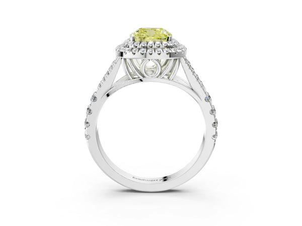 Platinum Fancy Yellow Cushion Cut Diamond Double Halo Ring with Split Shank and Prong Setting