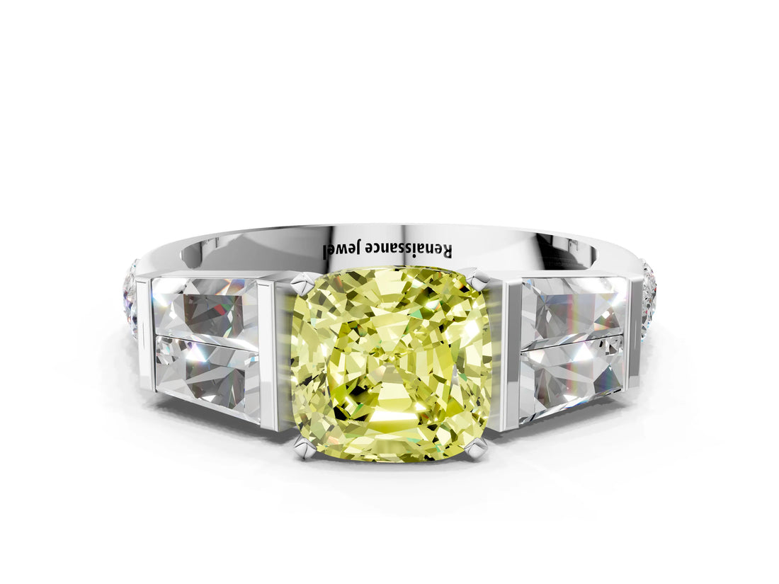 White gold Fancy Yellow Cushion Cut Diamond Engagement Ring with Baguette Side Stones and Channel Set Band_32