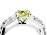White gold Fancy Yellow Cushion Cut Diamond Engagement Ring with Baguette Side Stones and Channel Set Band_36