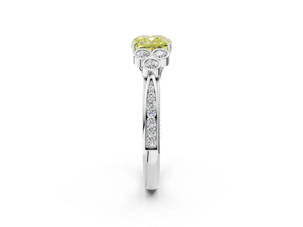 White gold Fancy Yellow Cushion  Cut Diamond Engagement Ring with Bezel Set Round Side Stones and Prong Setting