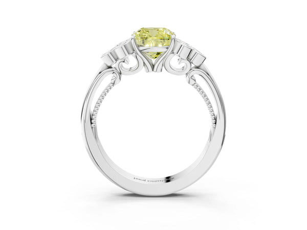 White gold Fancy Yellow Cushion  Cut Diamond Engagement Ring with Bezel Set Round Side Stones and Prong Setting