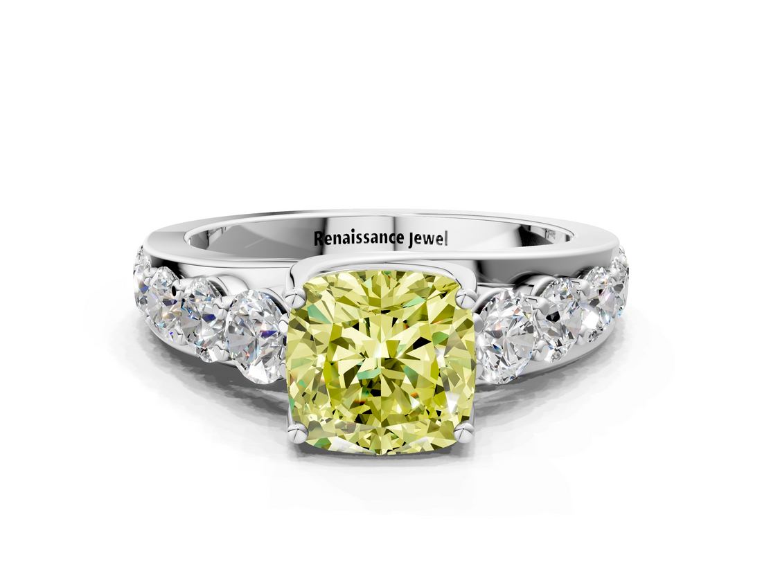 White gold Fancy Yellow Cushion  Cut Diamond Engagement Ring with Pavé Band and Four-Prong Setting_3