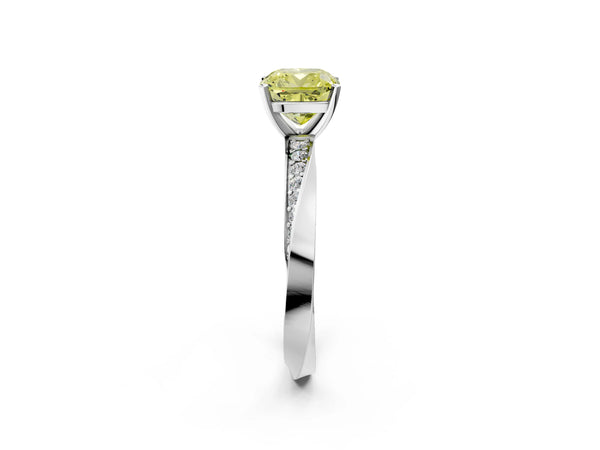 Platinum Fancy Yellow Cushion Cut Diamond Engagement Ring with Side Stone Accents and Four-Prong Setting