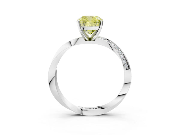 Platinum Fancy Yellow Cushion Cut Diamond Engagement Ring with Side Stone Accents and Four-Prong Setting