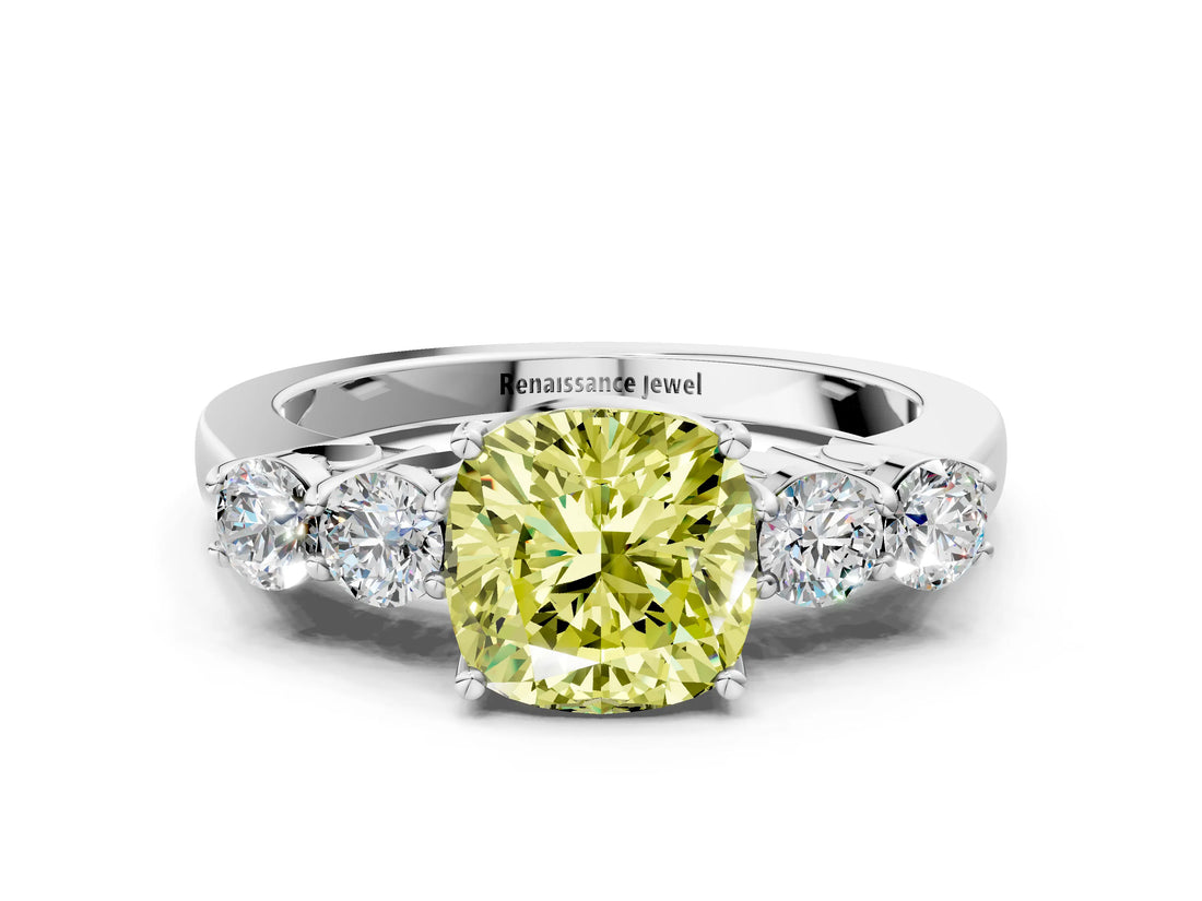 White gold Fancy Yellow Cushion  Cut Diamond Five-Stone Prong Set White Gold Ring_32