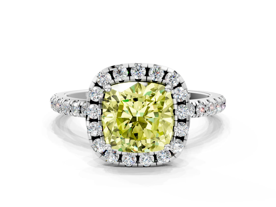 White gold Fancy Yellow Cushion  Cut Diamond Floral Halo Engagement Ring with Pavé Band and Prong Setting_49