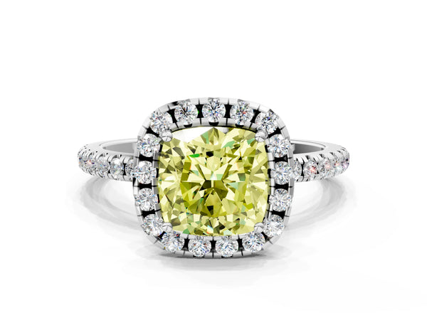 White gold Fancy Yellow Cushion  Cut Diamond Floral Halo Engagement Ring with Pavé Band and Prong Setting