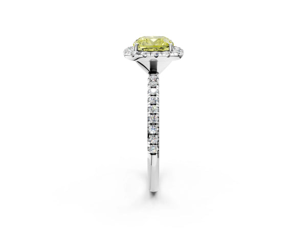 White gold Fancy Yellow Cushion  Cut Diamond Floral Halo Engagement Ring with Pavé Band and Prong Setting