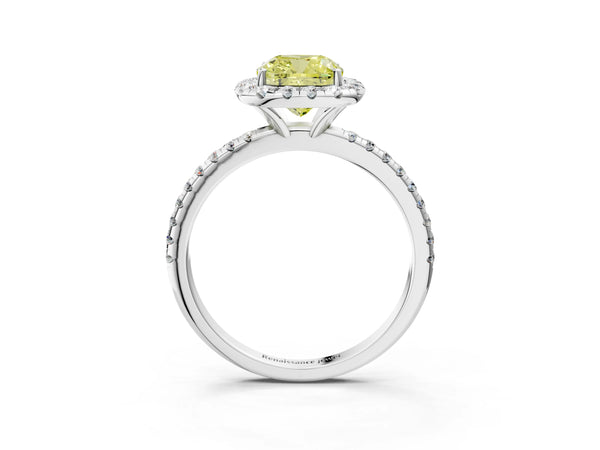 White gold Fancy Yellow Cushion  Cut Diamond Floral Halo Engagement Ring with Pavé Band and Prong Setting