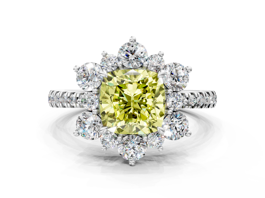 White gold Fancy Yellow Cushion  Cut Diamond Floral Halo Pave Band with Prong Setting_37