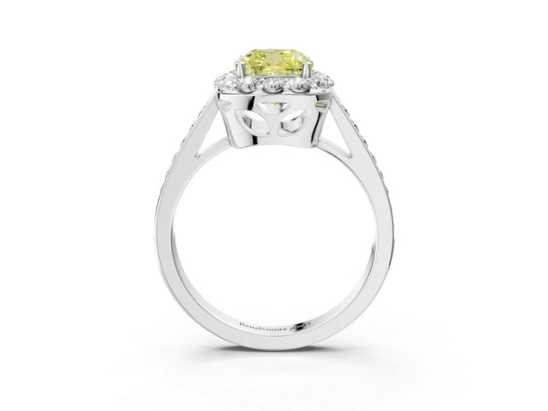 Platinum Fancy Yellow Cushion Cut Diamond Floral Halo Ring with Pavé Band and Prong Setting