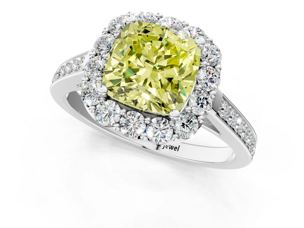 Platinum Fancy Yellow Cushion Cut Diamond Floral Halo Ring with Pavé Band and Prong Setting