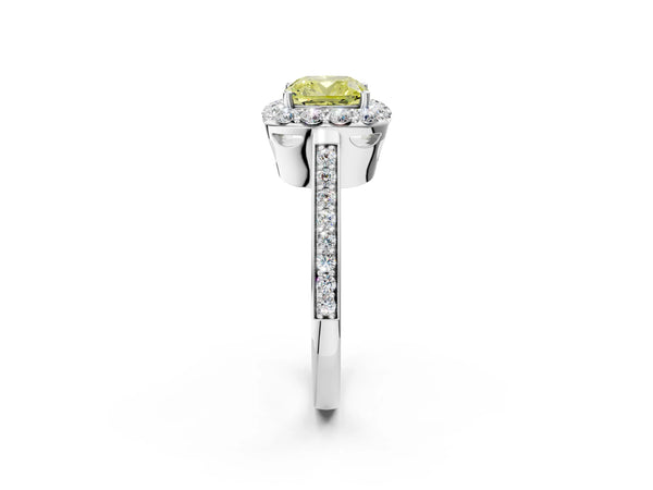 Platinum Fancy Yellow Cushion Cut Diamond Floral Halo Ring with Pavé Band and Prong Setting