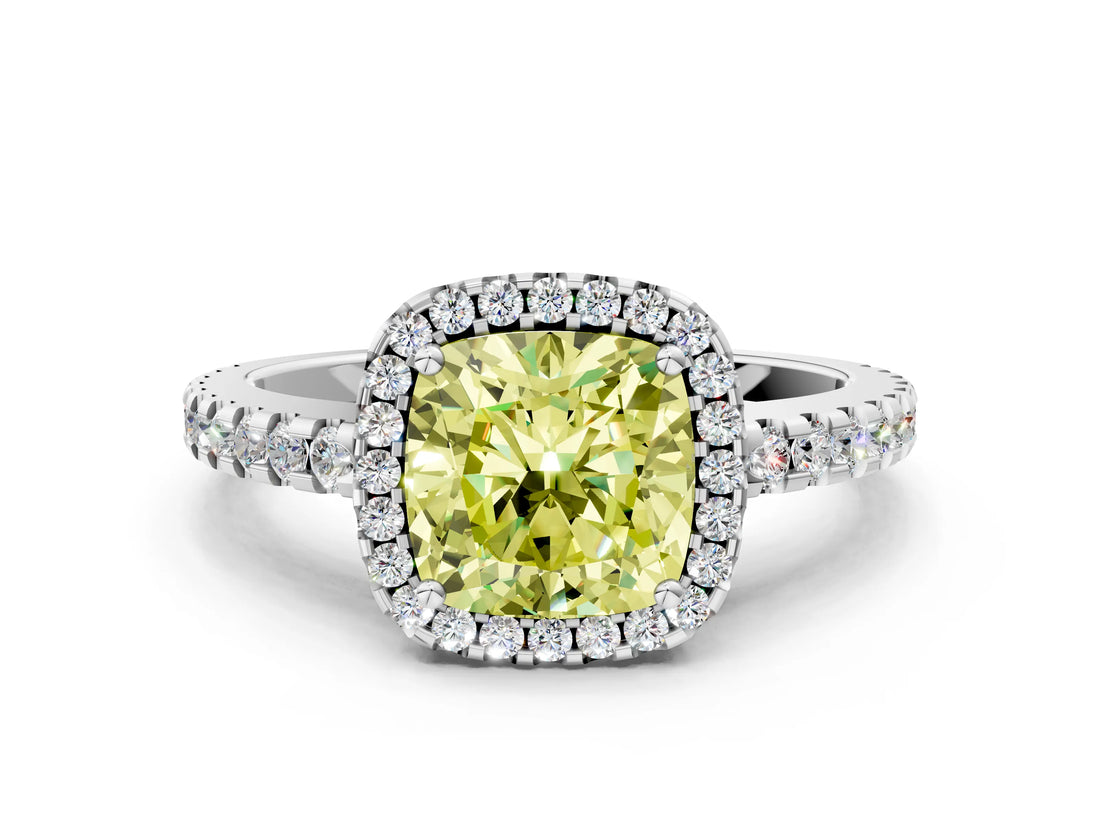 White gold Fancy Yellow Cushion Cut Diamond Halo Engagement Ring with Pavé Band and Prong Setting_51