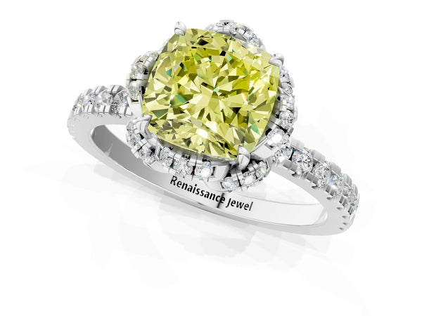 Platinum Fancy Yellow Cushion Cut Diamond Halo Pave Band with Four-Prong Setting