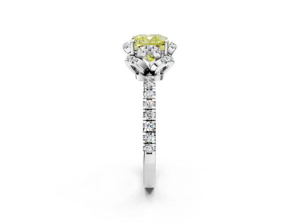Platinum Fancy Yellow Cushion Cut Diamond Halo Pave Band with Four-Prong Setting