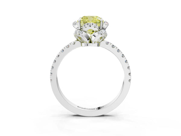 Platinum Fancy Yellow Cushion Cut Diamond Halo Pave Band with Four-Prong Setting