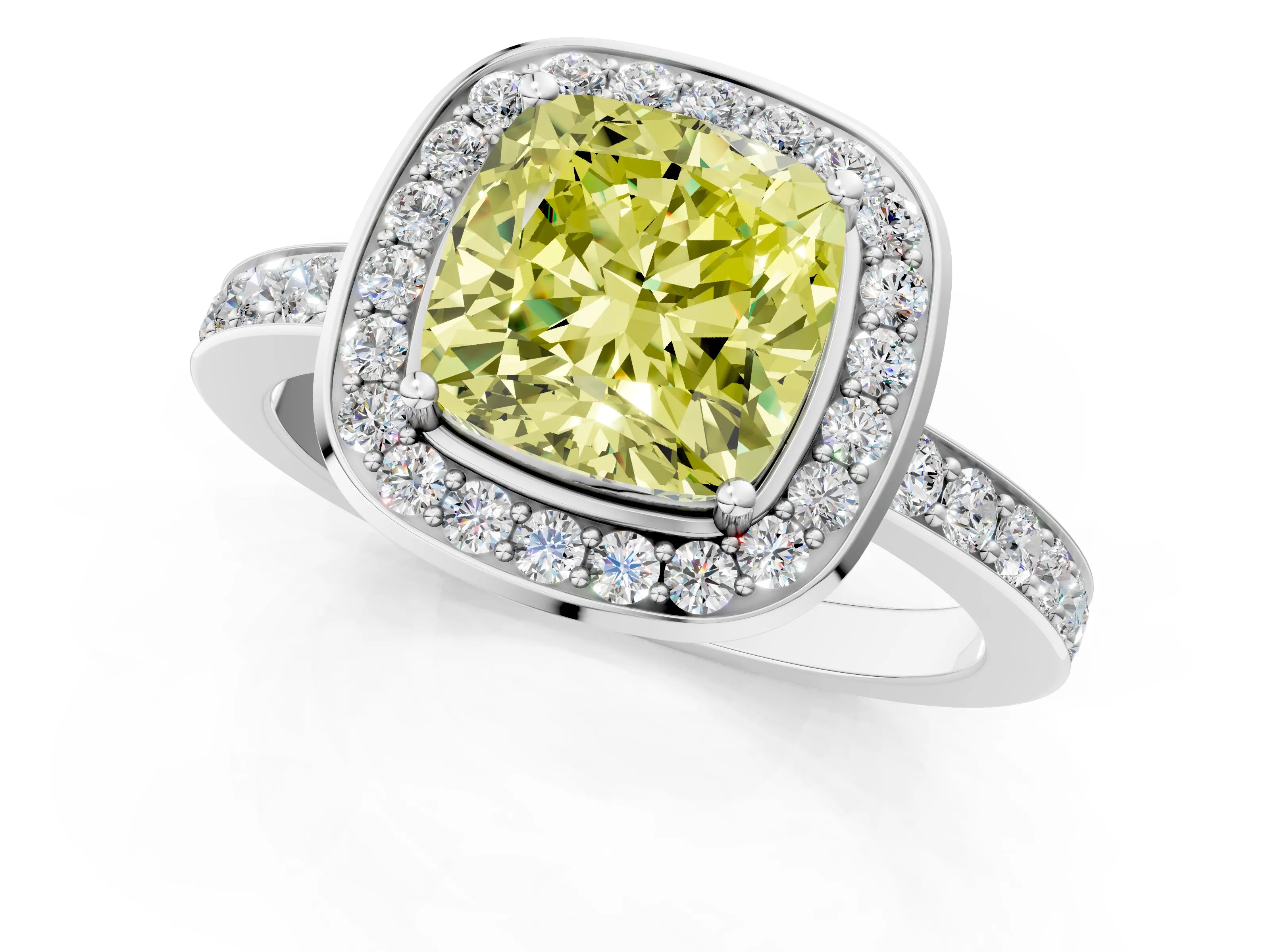 White gold Fancy Yellow Cushion Cut Diamond Halo Ring with Bezel Frame and Pavé Band_1
