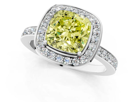 White gold Fancy Yellow Cushion Cut Diamond Halo Ring with Bezel Frame and Pavé Band_1