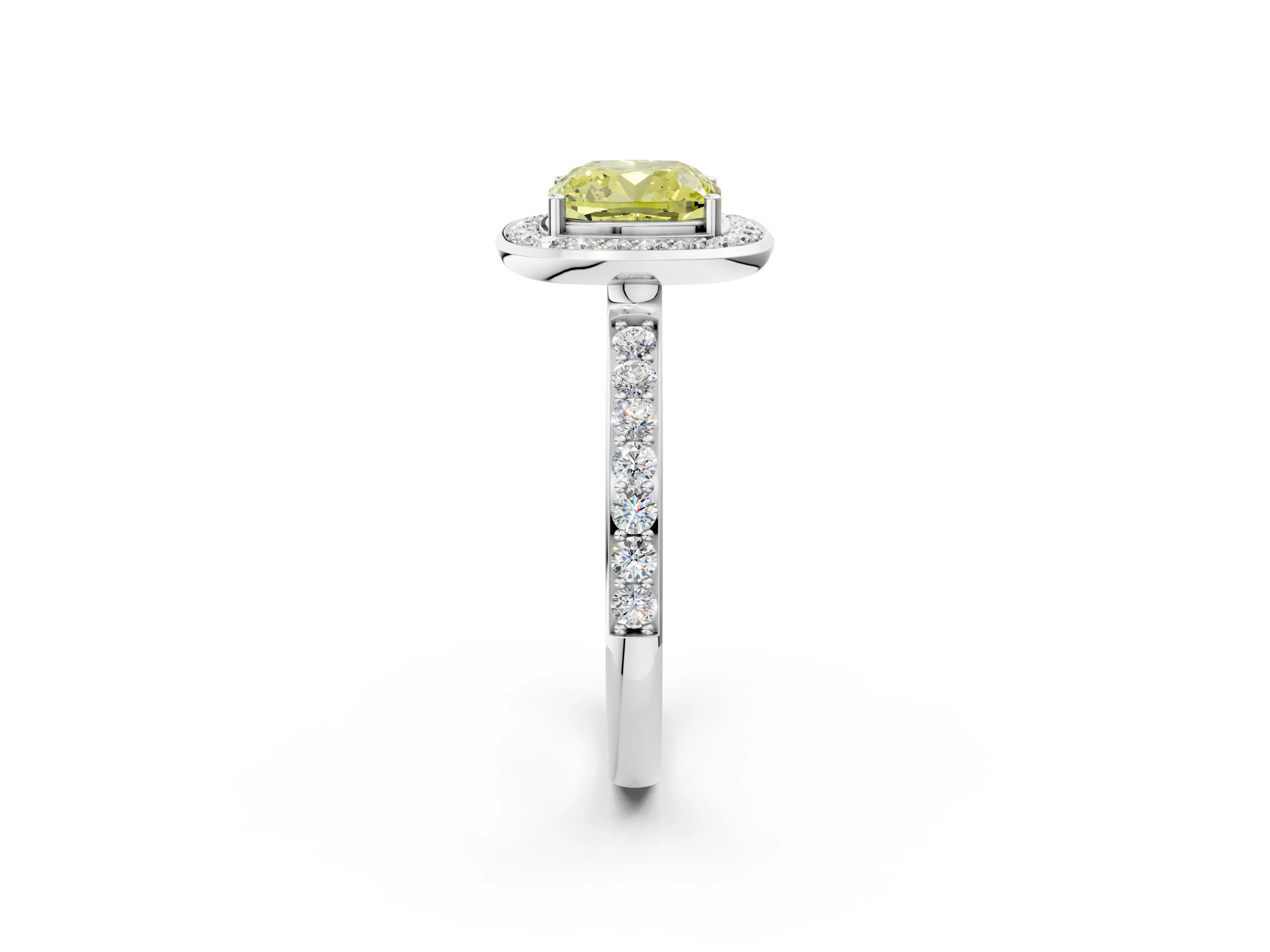 White gold Fancy Yellow Cushion Cut Diamond Halo Ring with Bezel Frame and Pavé Band_2