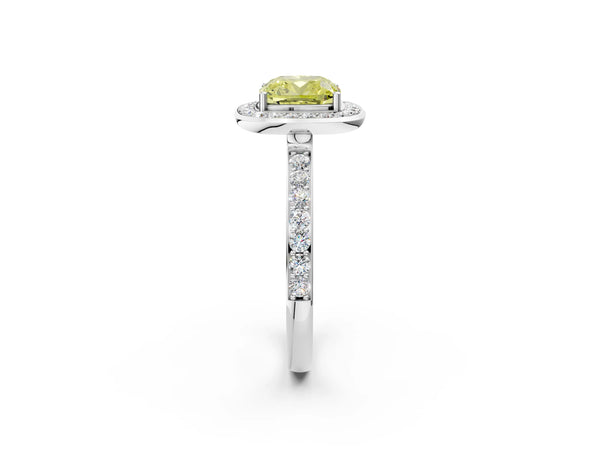 White gold Fancy Yellow Cushion Cut Diamond Halo Ring with Bezel Frame and Pavé Band