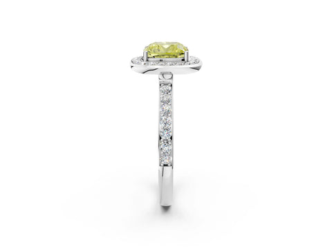 White gold Fancy Yellow Cushion Cut Diamond Halo Ring with Bezel Frame and Pavé Band_2