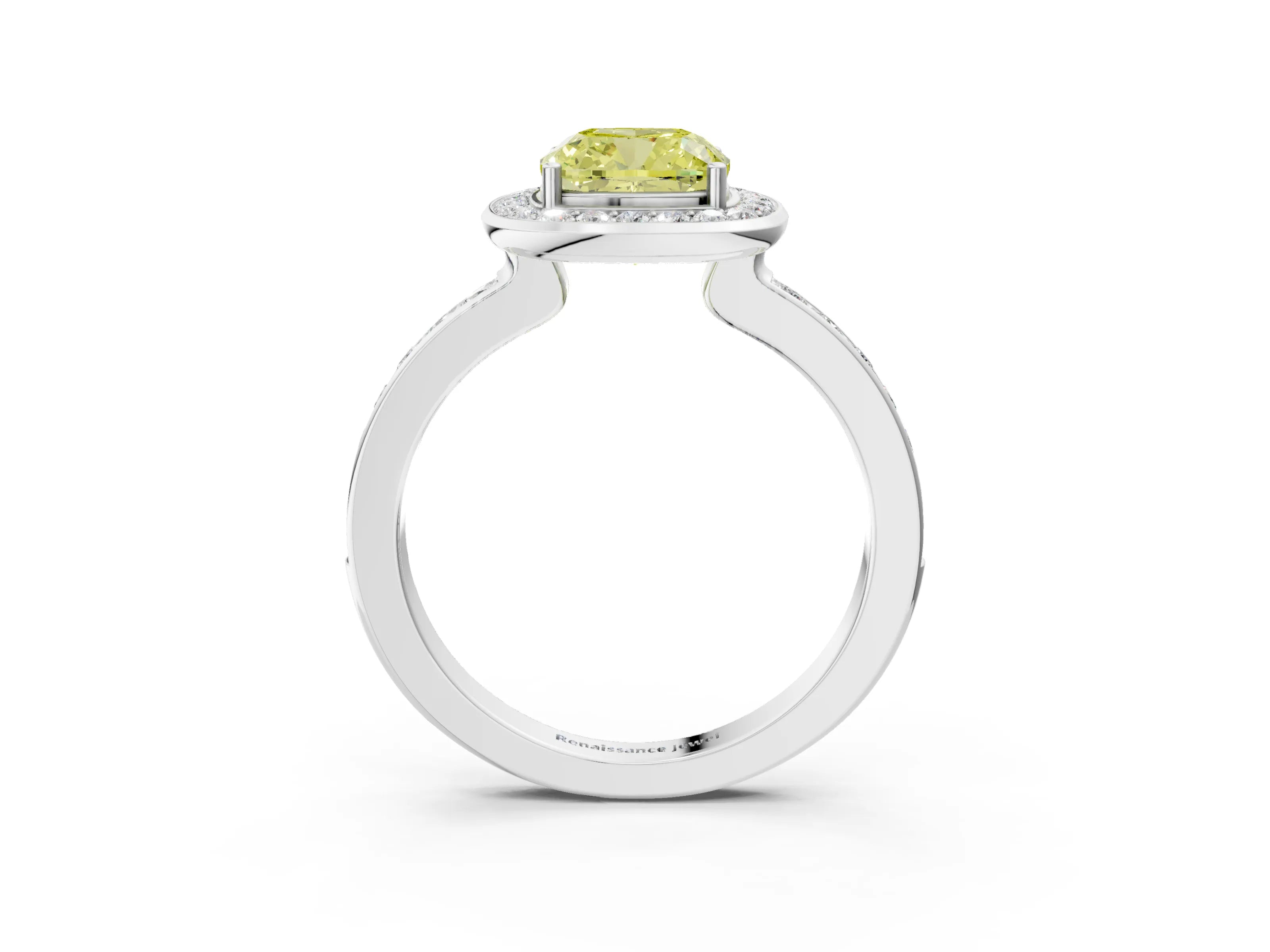White gold Fancy Yellow Cushion Cut Diamond Halo Ring with Bezel Frame and Pavé Band_3