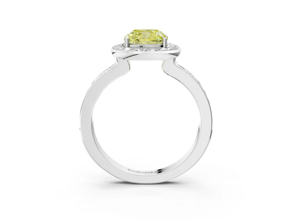 White gold Fancy Yellow Cushion Cut Diamond Halo Ring with Bezel Frame and Pavé Band