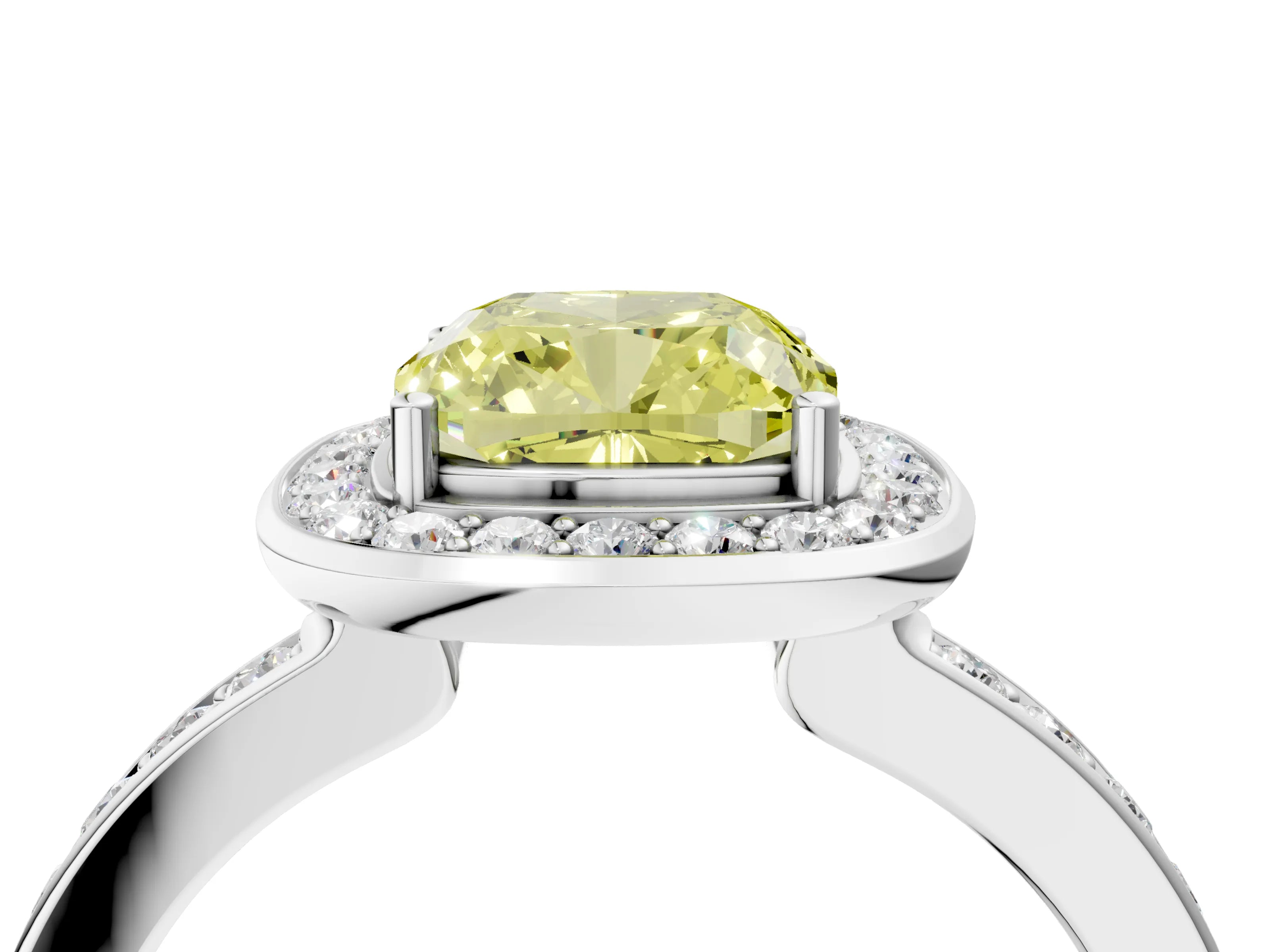 White gold Fancy Yellow Cushion Cut Diamond Halo Ring with Bezel Frame and Pavé Band_4