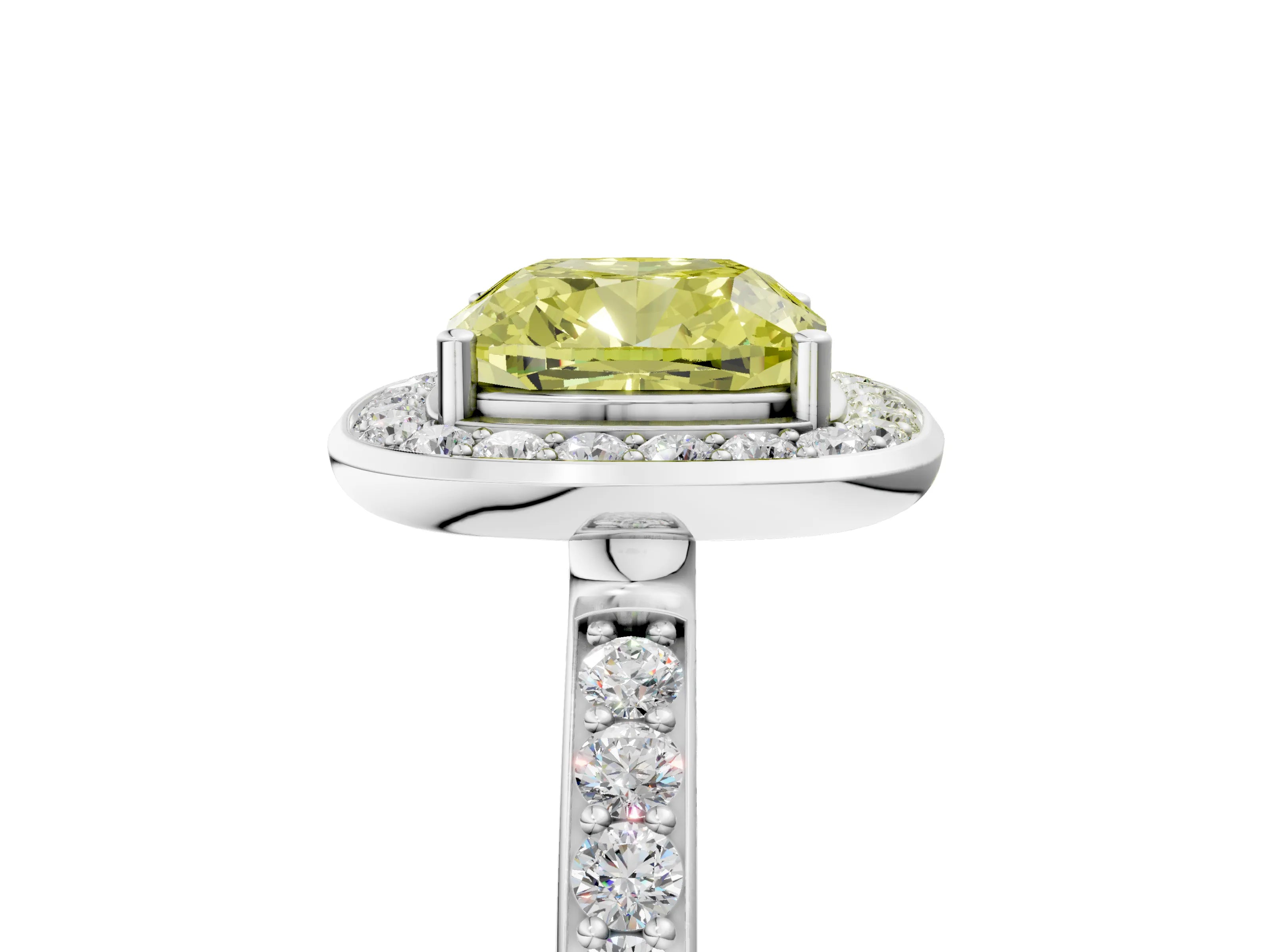 White gold Fancy Yellow Cushion Cut Diamond Halo Ring with Bezel Frame and Pavé Band_5