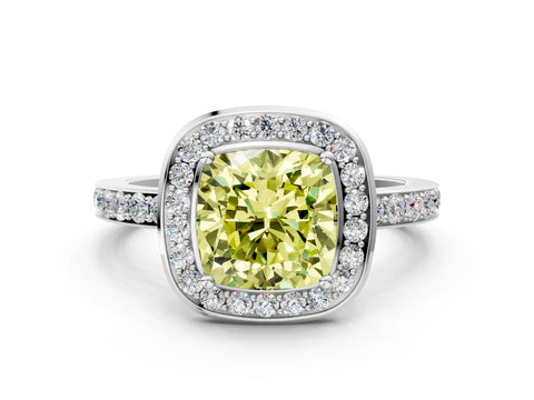 White gold Fancy Yellow Cushion Cut Diamond Halo Ring with Bezel Frame and Pavé Band