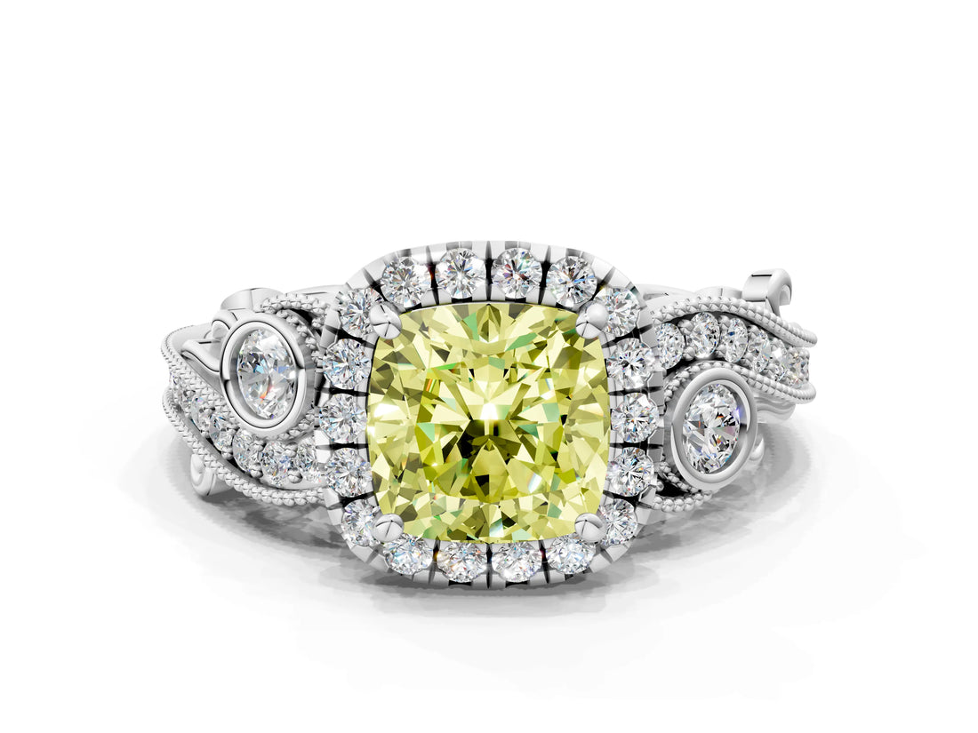 White gold Fancy Yellow Cushion Cut Diamond Halo Ring with Milgrain Pavé Band and Four-Prong Setting_49