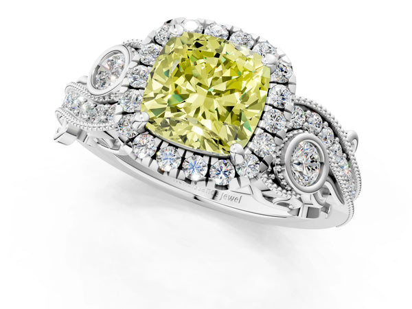White gold Fancy Yellow Cushion Cut Diamond Halo Ring with Milgrain Pavé Band and Four-Prong Setting