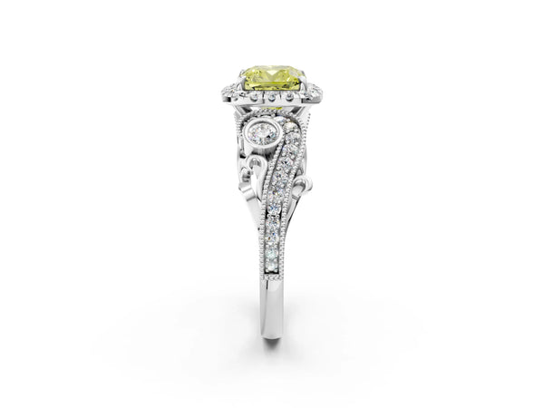 White gold Fancy Yellow Cushion Cut Diamond Halo Ring with Milgrain Pavé Band and Four-Prong Setting