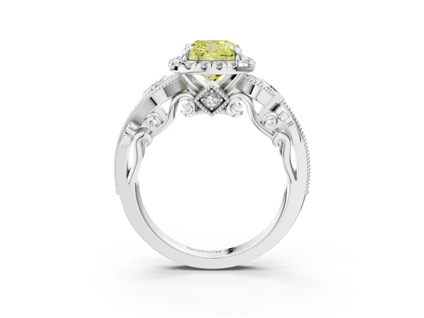 White gold Fancy Yellow Cushion Cut Diamond Halo Ring with Milgrain Pavé Band and Four-Prong Setting