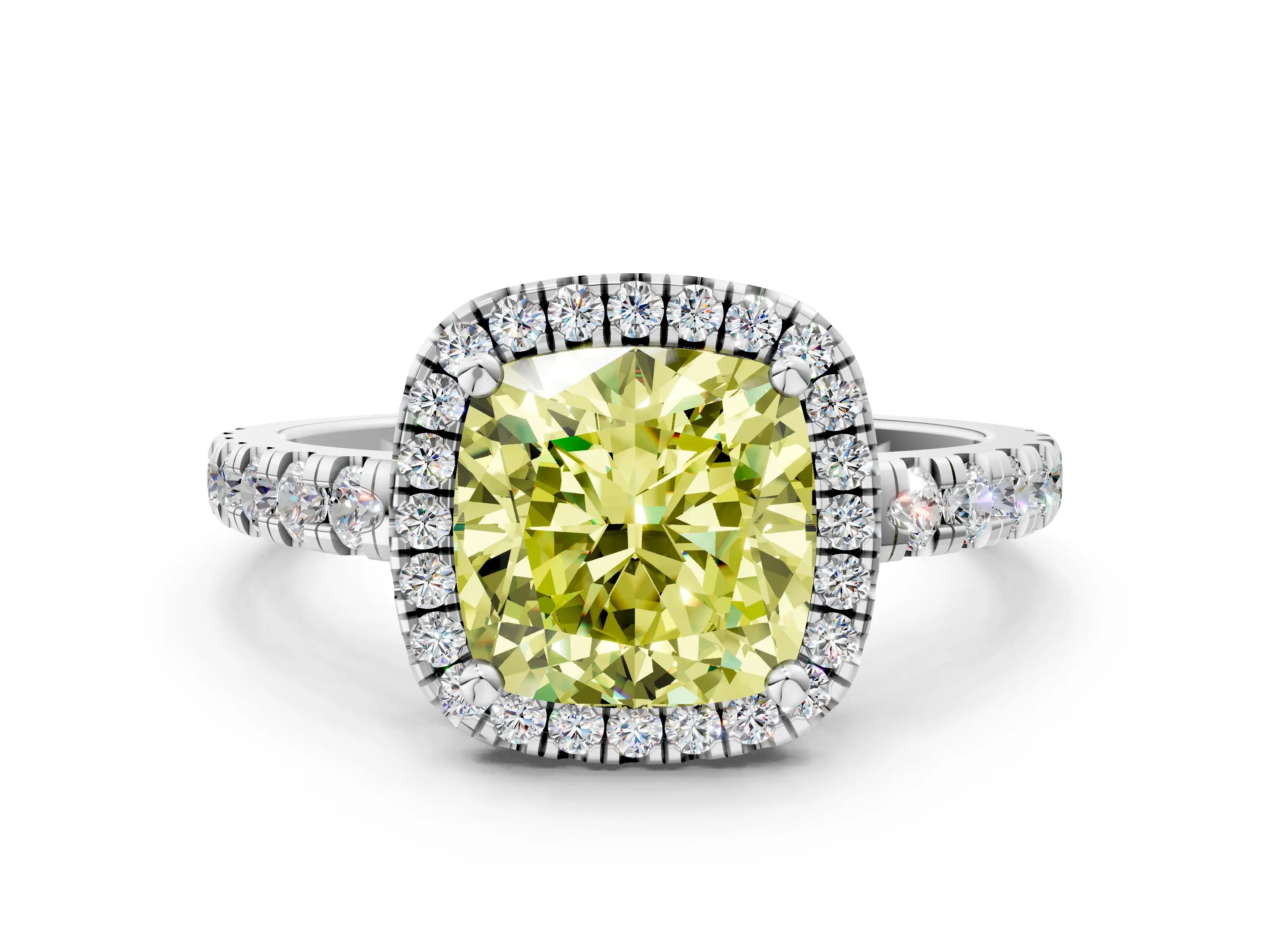 White gold Fancy Yellow Cushion Cut Diamond Halo Ring with Pavé Band and Four-Prong Setting_12