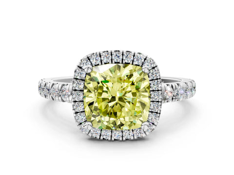 White gold Fancy Yellow Cushion Cut Diamond Halo Ring with Pavé Band and Four-Prong Setting_12