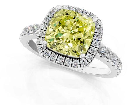 White gold Fancy Yellow Cushion Cut Diamond Halo Ring with Pavé Band and Four-Prong Setting_13