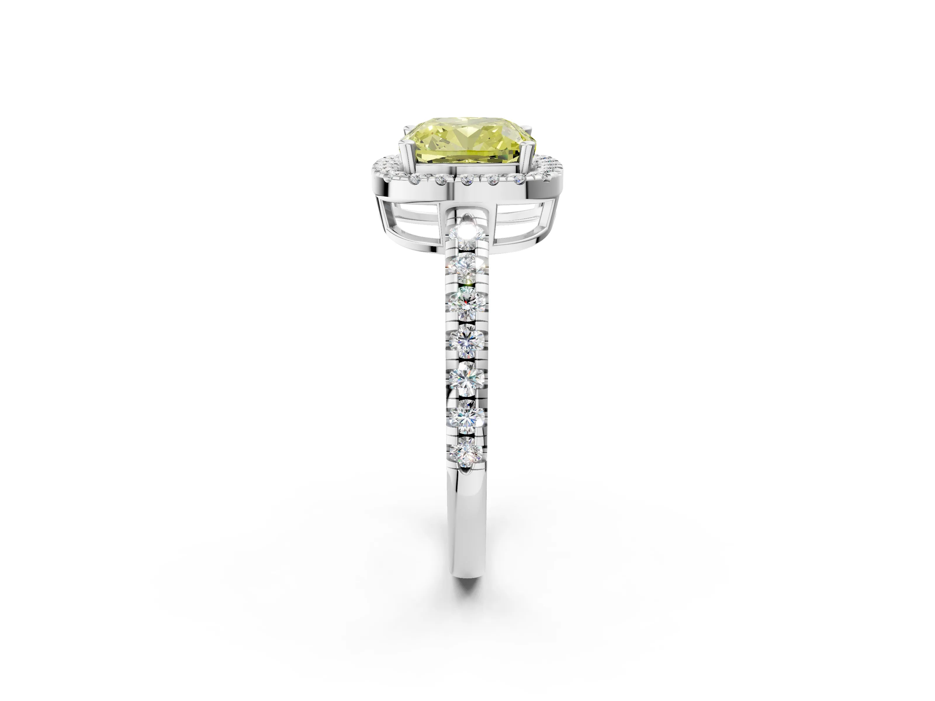 White gold Fancy Yellow Cushion Cut Diamond Halo Ring with Pavé Band and Four-Prong Setting_14