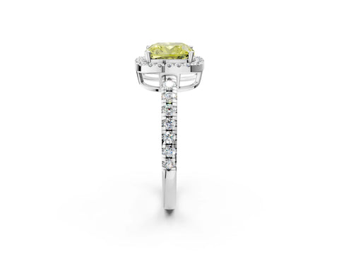 White gold Fancy Yellow Cushion Cut Diamond Halo Ring with Pavé Band and Four-Prong Setting_14