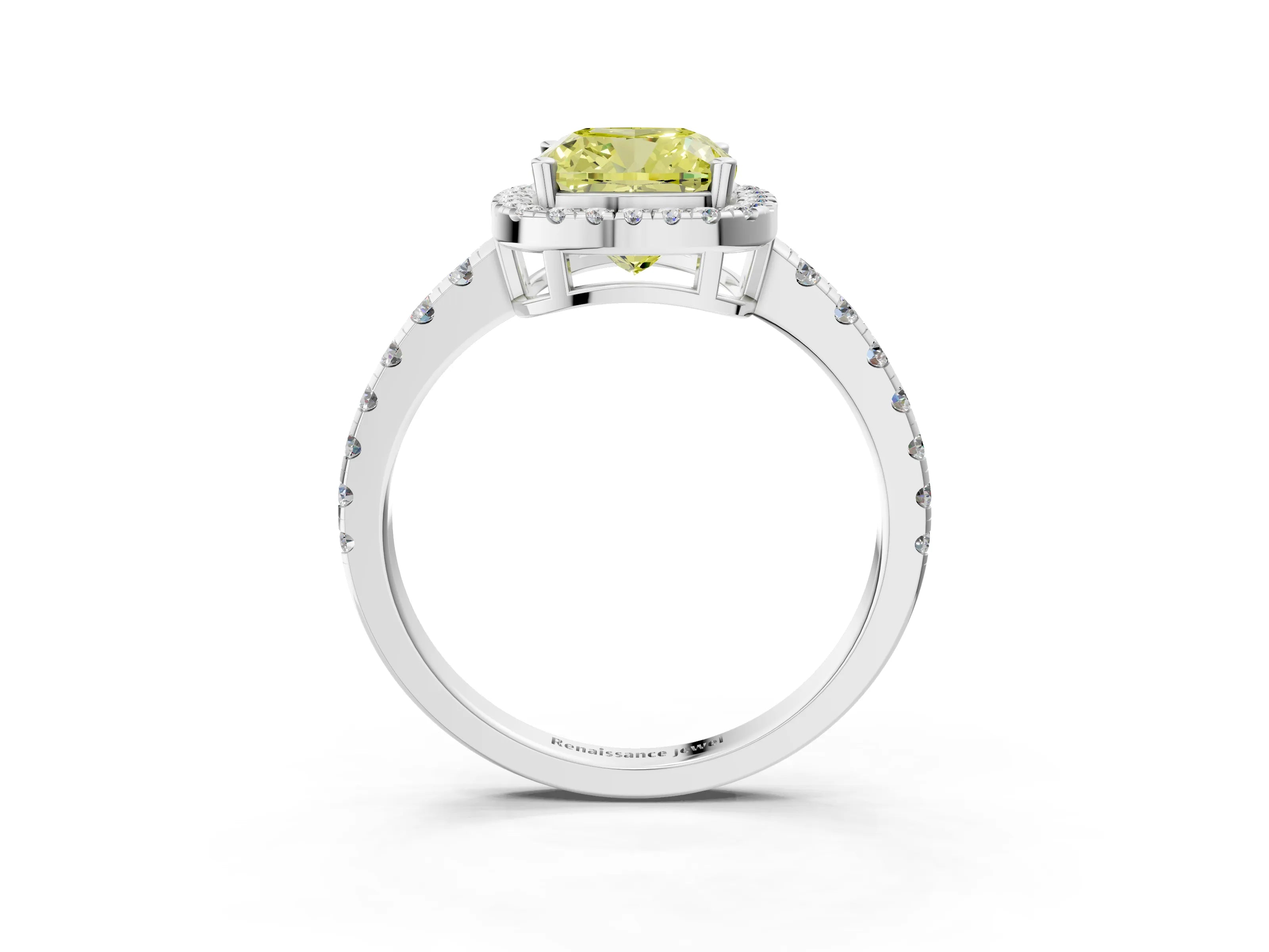 White gold Fancy Yellow Cushion Cut Diamond Halo Ring with Pavé Band and Four-Prong Setting_15