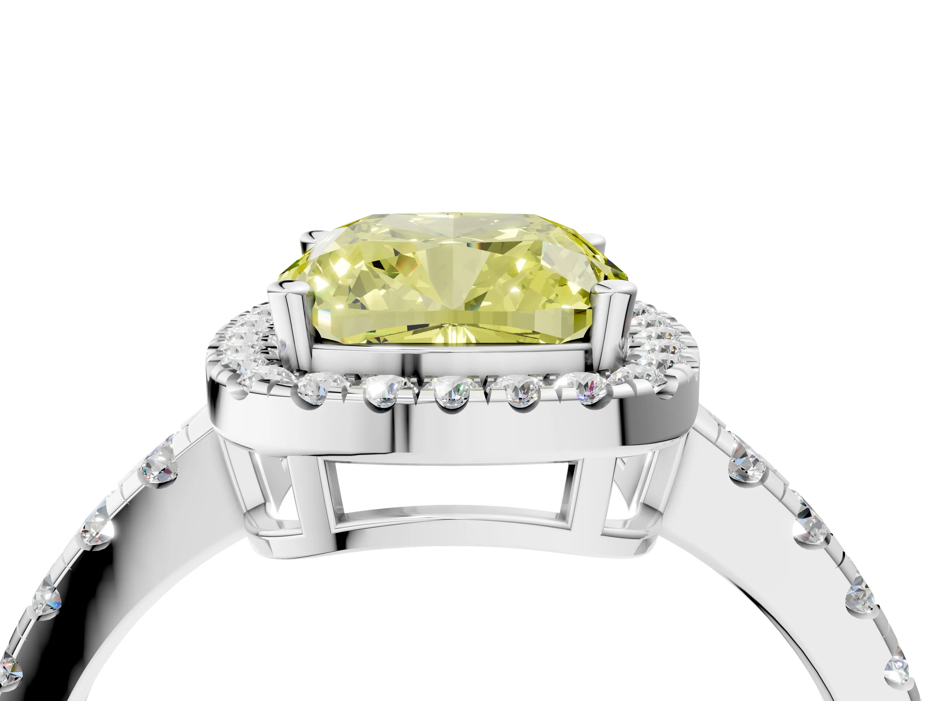 White gold Fancy Yellow Cushion Cut Diamond Halo Ring with Pavé Band and Four-Prong Setting_16