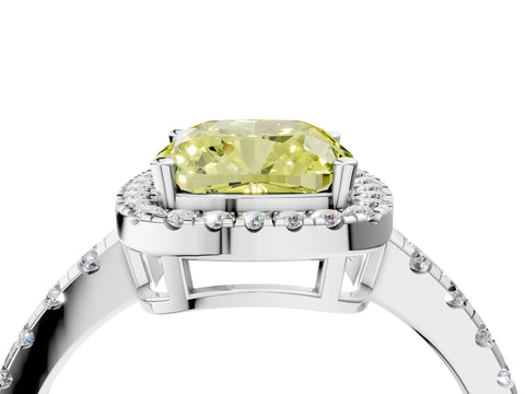 White gold Fancy Yellow Cushion Cut Diamond Halo Ring with Pavé Band and Four-Prong Setting_16