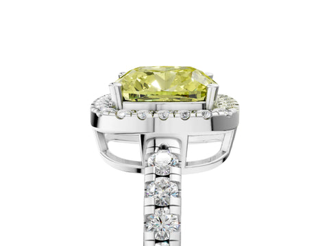 White gold Fancy Yellow Cushion Cut Diamond Halo Ring with Pavé Band and Four-Prong Setting_17