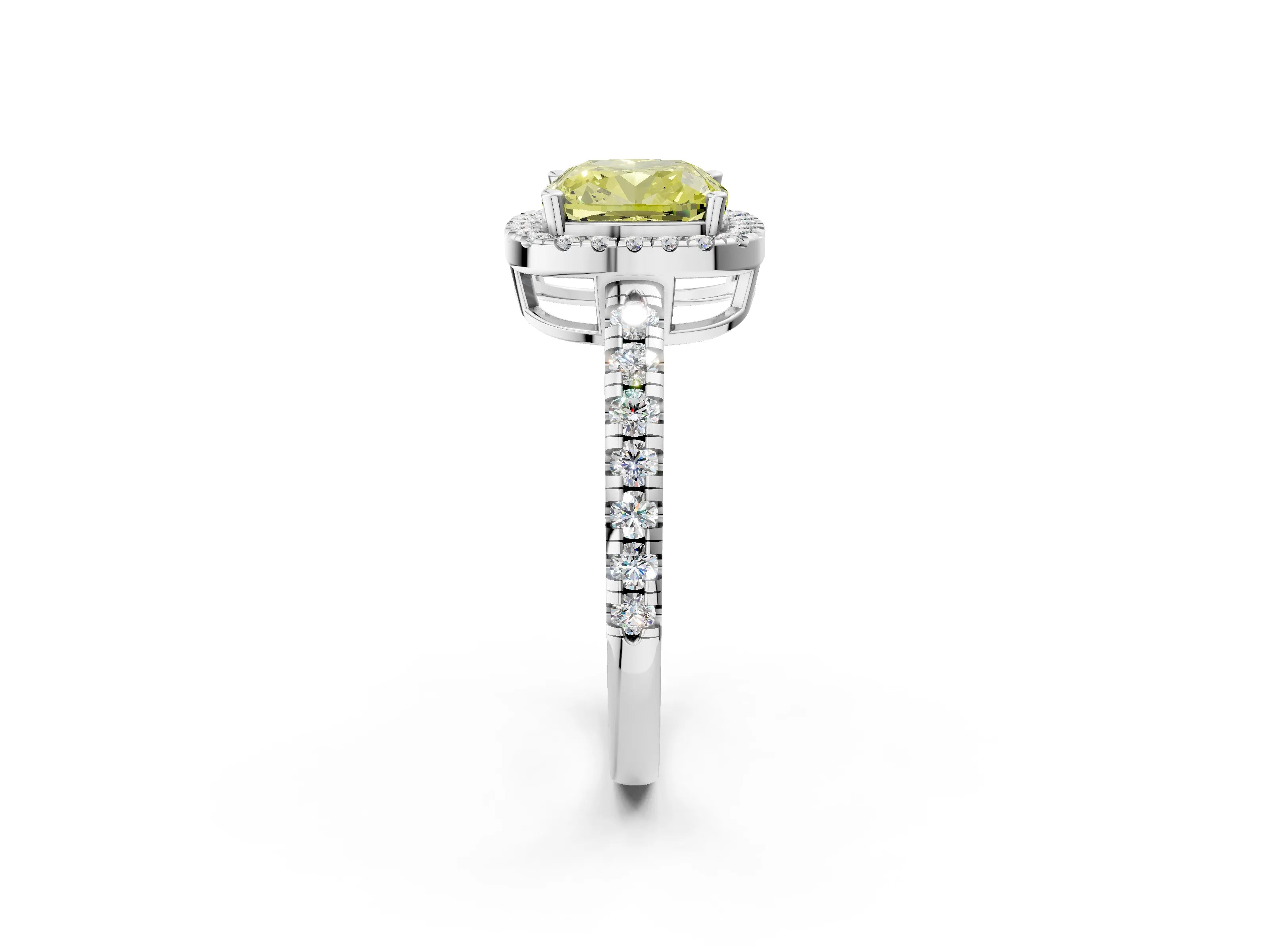 White gold Fancy Yellow Cushion Cut Diamond Halo Ring with Pavé Band and Four-Prong Setting_2