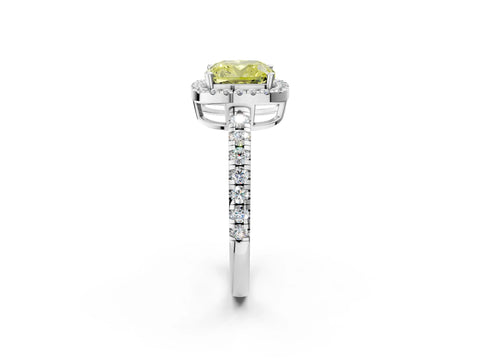 White gold Fancy Yellow Cushion Cut Diamond Halo Ring with Pavé Band and Four-Prong Setting_2