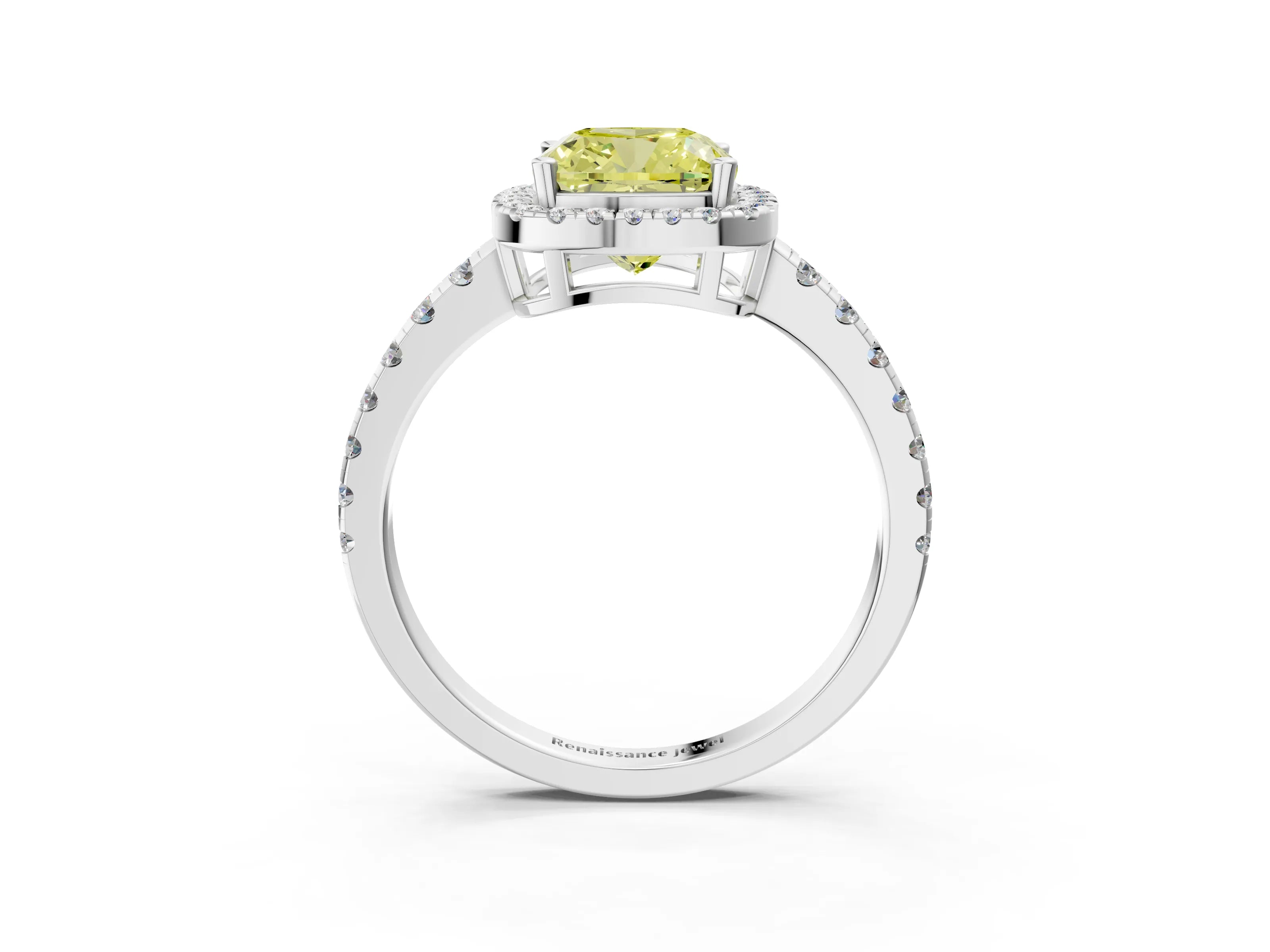 White gold Fancy Yellow Cushion Cut Diamond Halo Ring with Pavé Band and Four-Prong Setting_3