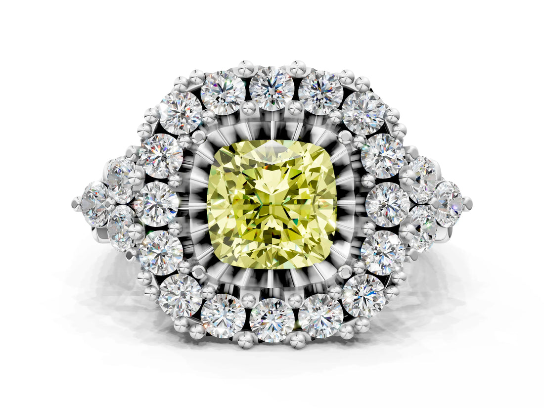 White gold Fancy Yellow Cushion Cut Diamond Halo Ring with Pavé Band and Four-Prong Setting_53