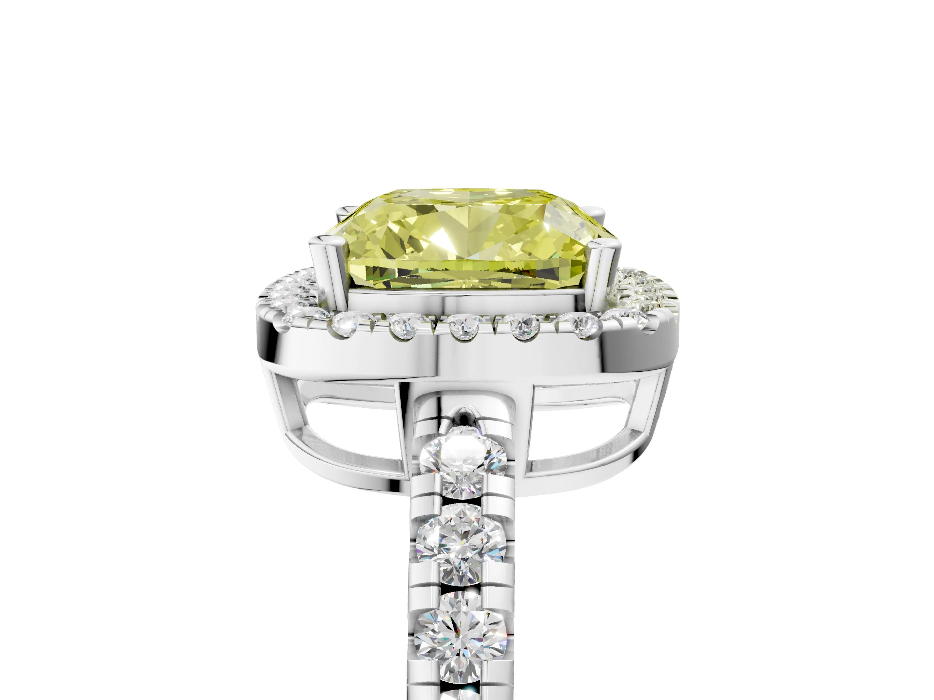 White gold Fancy Yellow Cushion Cut Diamond Halo Ring with Pavé Band and Four-Prong Setting_5