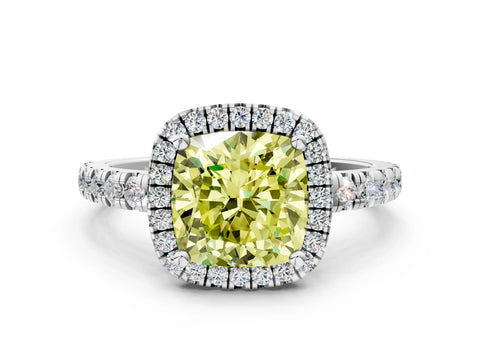 White gold Fancy Yellow Cushion Cut Diamond Halo Ring with Pavé Band and Four-Prong Setting